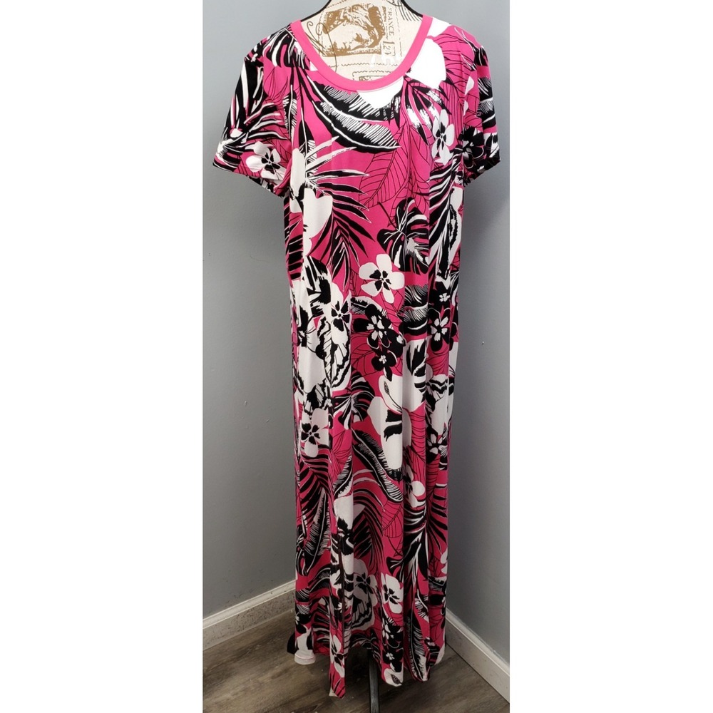 Cuddl Duds Maxi Dress Womens XL Multi Beetroot Floral Short Sleeve Stretch